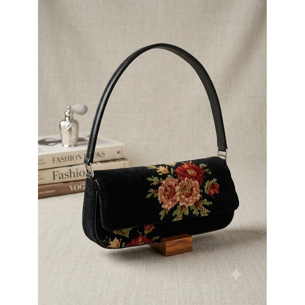 Liz Claiborne Floral Tapestry Corduroy Baguette Shoulder Bag Black Vintage Style